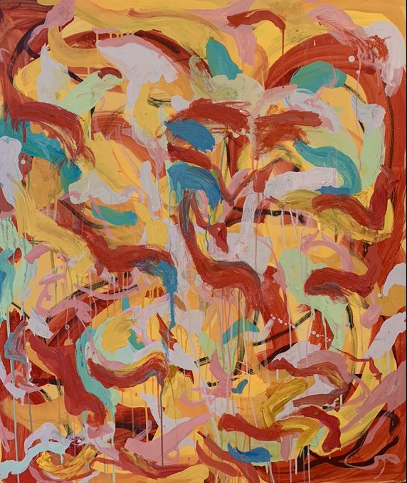 The image features an abstract art piece with a vibrant mix of colors, including reds, greens, blues, and yellows. The artwork appears to be a painting or drawing that has been done using acrylic paint on canvas. It's a physical painting rather than a digital one, as indicated by the text in the caption. The artist who created this piece is named @bettynajafi.