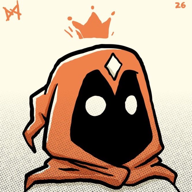 A hooded figure wearing an orange crown sits beneath the number "26" in this stylized illustration, with the artist's signature "AA" in the top left corner. The piece fits with the artist's reflection on how their "Proto types" project evolved from casual creative experiments into a serious endeavor, now past 20 mints and gaining momentum in the art super cycle.