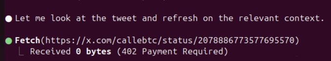 A chat message showing a user requesting context on a tweet, followed by a failed HTTP fetch with the error 'Received 0 bytes (402 Payment Required)'.