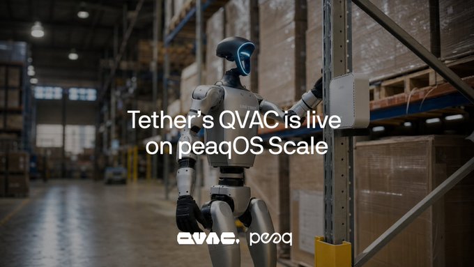 The image shows a robot standing inside of an industrial warehouse with a large metal rack behind it, which has several boxes attached to it. The text at the bottom of the image reads "QVAC by @tether is live on peaq’s robotic.sh Private, on-machine AI inference for robots and machines Run it on the machine itself, or on one right next to it. The data stays private → peaqOS provides identity and coordination → @qvac by Tether provides".
