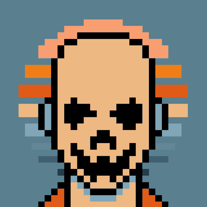 A pixel art portrait of a bald, bearded man with glowing eyes against a blue background, with orange and light blue horizontal pixel bars flanking the head.