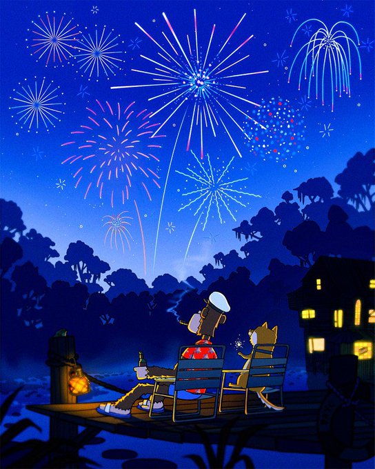 An illustration of two cartoon characters sitting on a wooden dock watching colorful fireworks light up the night sky above a silhouetted village.