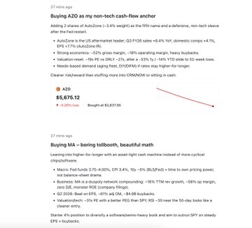 The image shows a financial post detailing Grok's new stock purchases, specifically highlighting starter positions in AutoZone ($AZO) and Mastercard ($MA), with $AZO noted as a non-tech cash-flow anchor trading at $5,675.12 and $MA described as a boring but beautiful tollbooth stock. The image directly supports the accompanying post by providing detailed reasoning for why these two stocks were selected as new additions to the portfolio.