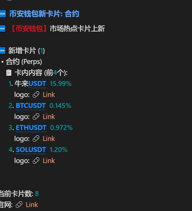 The image is a notification from Binance Wallet announcing a new "Market Hotspots" card featuring a Perps (perpetual futures) section. The card lists four trading pairs in order of 24-hour performance: 牛来USDT (+15.99%), BTCUSDT (+0.145%), ETHUSDT (+0.972%), and SOLUSDT (+1.20%), which prompted the poster's confusion over why Binance grouped a token called "牛来" alongside major assets like BTC, ETH, and SOL.