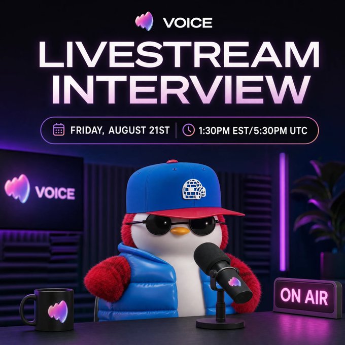 A promotional graphic for a 'VOICE LIVESTREAM INTERVIEW' scheduled for 'Friday, August 21st, 1:30PM EST/5:30PM UTC' features a stuffed penguin wearing a blue cap and sunglasses at a microphone.