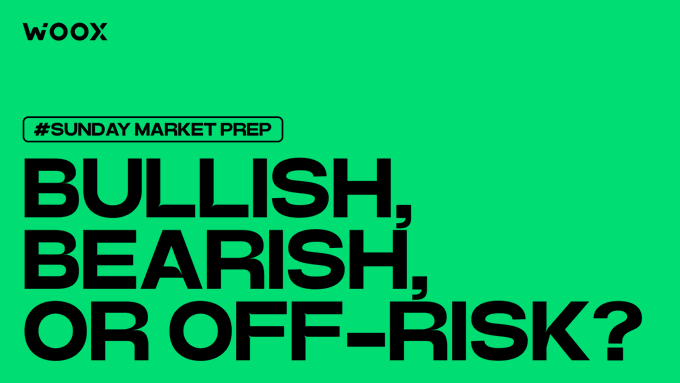 Woox crypto exchange promotional graphic with green background and text '#SUNDAY MARKET PREP - BULLISH, BEARISH, OR OFF-RISK?'