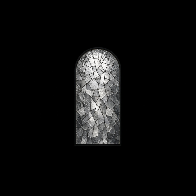 An arched stained glass window with a geometric pattern in grayscale tones against a black background.