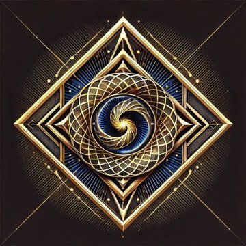 Ornate geometric artwork featuring a golden diamond shape with intricate knotwork patterns surrounding a central blue and gold spiral design on a black background.