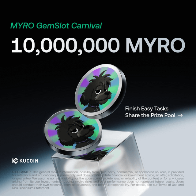 A KuCoin promotional banner for a 'MYRO GemSlot Carnival' with a prize pool of 10,000,000 MYRO, featuring cartoon dog coin tokens and a call to 'Finish Easy Tasks' to share the pool.