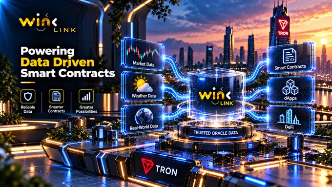 A promotional graphic for WinkLink powered by TRON, advertising 'Powering Data Driven Smart Contracts' with various oracle data icons.