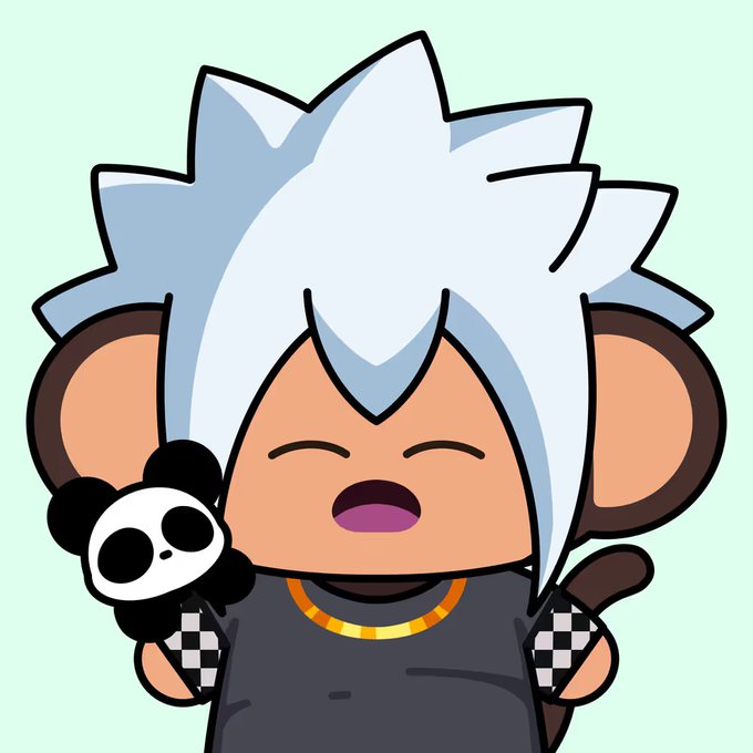 Cartoon character with spiky white hair, monkey ears, and checkered sleeves holding a small panda plushie.