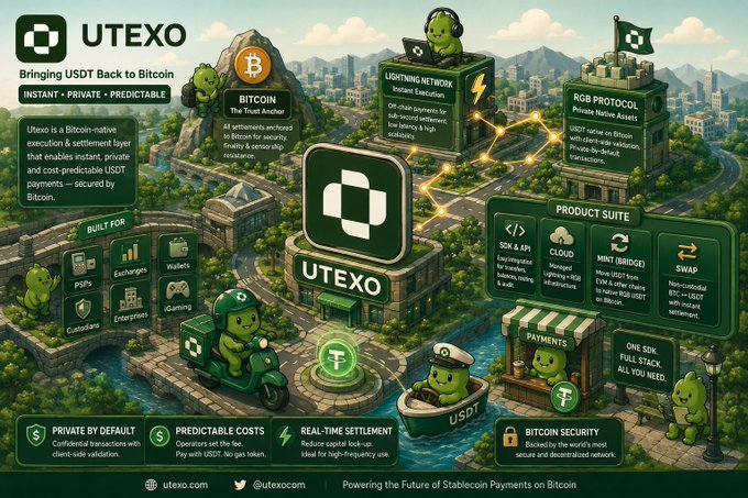 A promotional infographic for **UTEXO** titled "Bringing USDT Back to Bitcoin," highlighting a Bitcoin-native execution and settlement layer with features like INSTANT, PRIVATE, and PREDICTABLE transactions, featuring branded sections for LIGHTNING NETWORK, RGB PROTOCOL, SDK & API, CLOUD, MINT (BRIDGED), and SWAP, designed for PSPs, Exchanges, Wallets, Custodians, Enterprises, and Gaming.