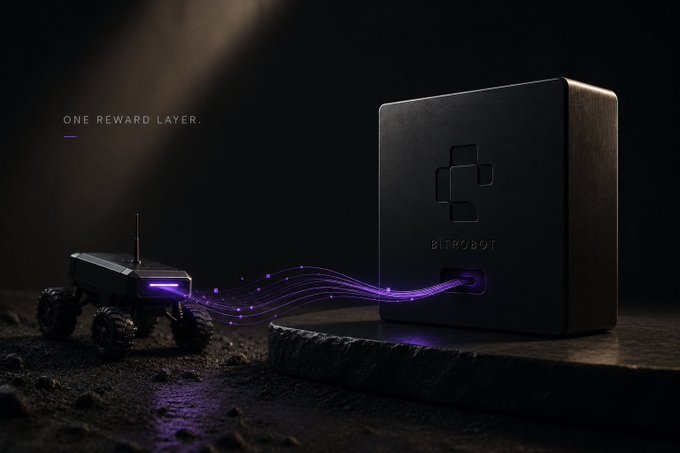 Dark promotional image showing a 'BITROBOT' device with a small rover robot connected by glowing purple light streams, captioned 'ONE REWARD LAYER.'