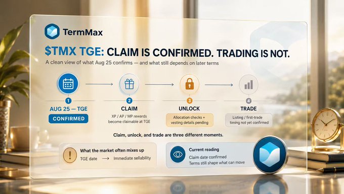 An infographic from TermMax titled '$TMX TGE: CLAIM IS CONFIRMED. TRADING IS NOT.' detailing the timeline of TGE confirmation on Aug 25, claim, unlock, and trade phases.