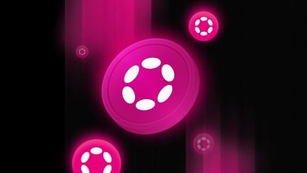 The image features glowing magenta Polkadot (DOT) cryptocurrency logos floating against a dark background, visually emphasizing the token while complementing the post's discussion of DOT's dramatic 98% decline from its all-time high nearly five years ago.