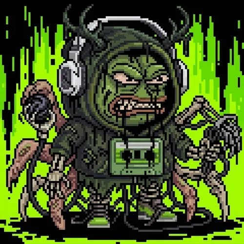 A pixel art illustration of a green-skinned zombie-like character wearing headphones and a tactical vest, standing against a neon green and black dripping background.