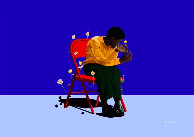 A digital illustration of a person in a yellow shirt sitting on a red chair against a blue background, holding a small yellow flower while appearing contemplative.