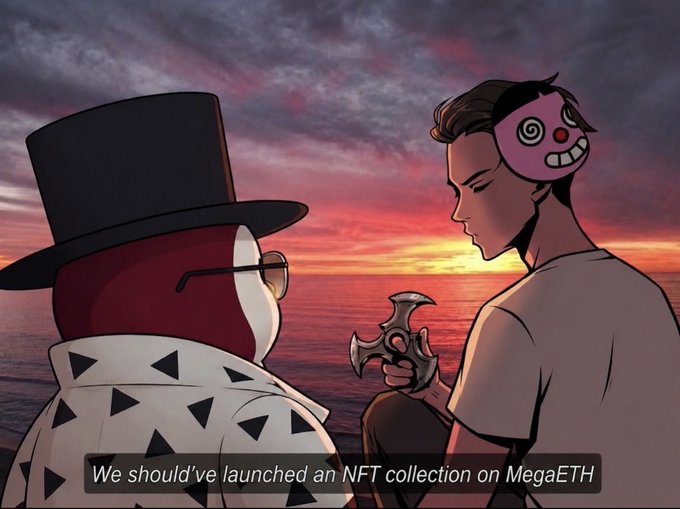 An anime-style illustration showing two characters at sunset on water; the left character wears a top hat and glasses, while the right wears a purple smiling mask and holds a shuriken. Subtitle reads: 'We should've launched an NFT collection on MegaETH'.