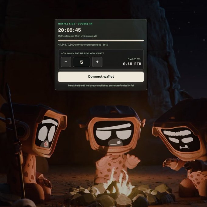 Three stylized cartoon characters sitting around a campfire, with an overlay showing a 'RAFFLE LIVE' countdown of 20:05:45, displaying entry prices of 0.03 ETH for 5 entries and a 'Connect wallet' button.
