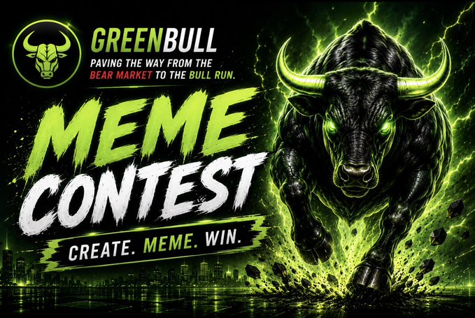 The image is a promotional graphic for the $GREENBULL Meme Contest, featuring a fierce bull with glowing green eyes charging through a stormy cityscape, with text reading "GREENBULL - Paving the way from the bear market to the bull run," "MEME CONTEST," and "Create. Meme. Win." It visually aligns with the accompanying post by showcasing the contest's branding, bullish theme, and the $1,000 prize pool ($300 for 1st place) for creating memes about the project.