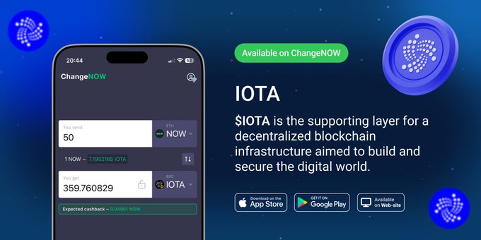 A promotional graphic announcing that $IOTA is available on ChangeNOW, featuring a smartphone mockup displaying a swap rate of 1 NOW = 7.1952165 IOTA (with 359.760829 IOTA expected from a 50 NOW cashback). The design showcases the ChangeNOW app interface alongside IOTA's branding and platform availability on the App Store, Google Play, and web, aligning with the post's call to swap $IOTA instantly via the provided link.