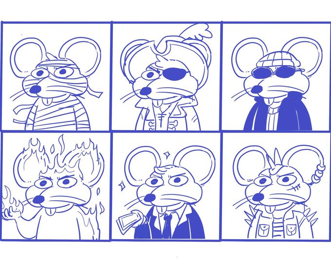 A grid of six blue line-art cartoon mouse characters in various costumes, including a mummy, pirate, sunglasses, fiery figure, businessman, and military/scarred character.