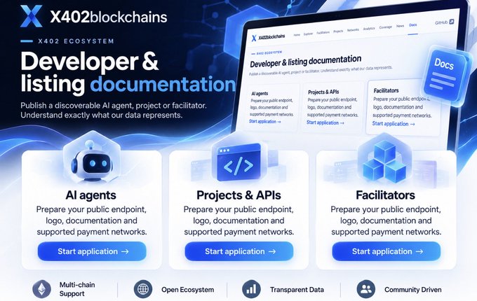 A promotional banner for 'X402blockchains' X402 Ecosystem highlighting 'Developer & listing documentation' for AI agents, Projects & APIs, and Facilitators, with a screenshot of the platform's interface.