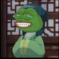 A close-up of the Pepe the Frog meme character, depicted in traditional Chinese attire with a green hat against a wooden lattice background.