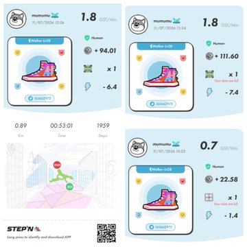 A collage of screenshots from a 'STEPN' app showing various digital sneaker NFTs (Emilios #25) with different stats like GGT, efficiency, and comfort, alongside a map of a run and a download QR code.