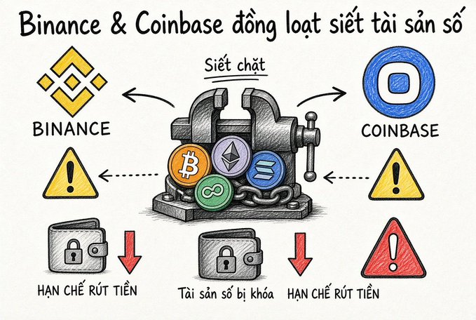 An infographic in Vietnamese titled 'Binance & Coinbase đồng loạt siết tài sản số' depicts a vise squeezing cryptocurrency coins, with warning signs and icons indicating withdrawal restrictions and locked digital assets.