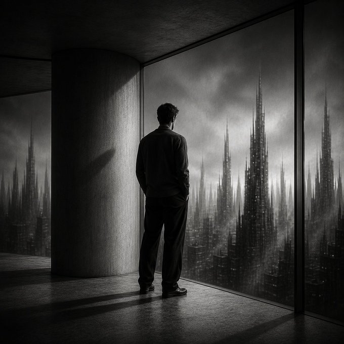 A monochromatic, moody scene of a person in silhouette looking out a large window at a futuristic, towering cityscape.