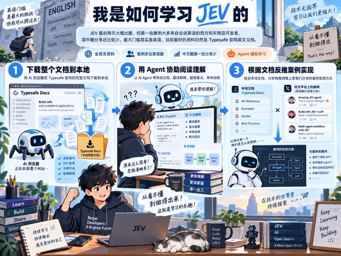 An infographic titled '我是如何学习 JEV的' (How I learned JEV) in Chinese, illustrating a three-step study method using the Typesafe Docs website, an AI Agent reading assistant, and a document reverse analysis case study.