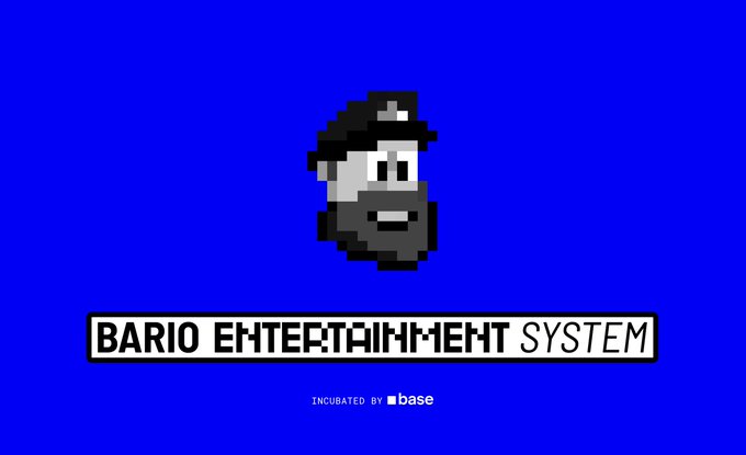 A pixel art character of a bearded man wearing a hat on a blue background, with the text 'BARIO ENTERTAINMENT SYSTEM' and 'INCUBATED BY base'.