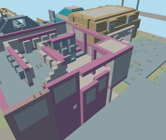 An isometric view of a 3D blocky video game environment featuring pink and gray walls forming rooms and corridors on a light blue and green ground.