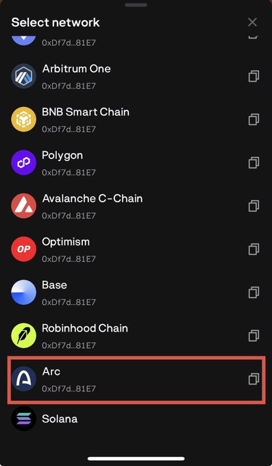 A mobile app screen showing a 'Select network' menu with various blockchain networks listed (Arbitrum One, BNB Smart Chain, Polygon, etc.), with 'Arc' highlighted in a red box.