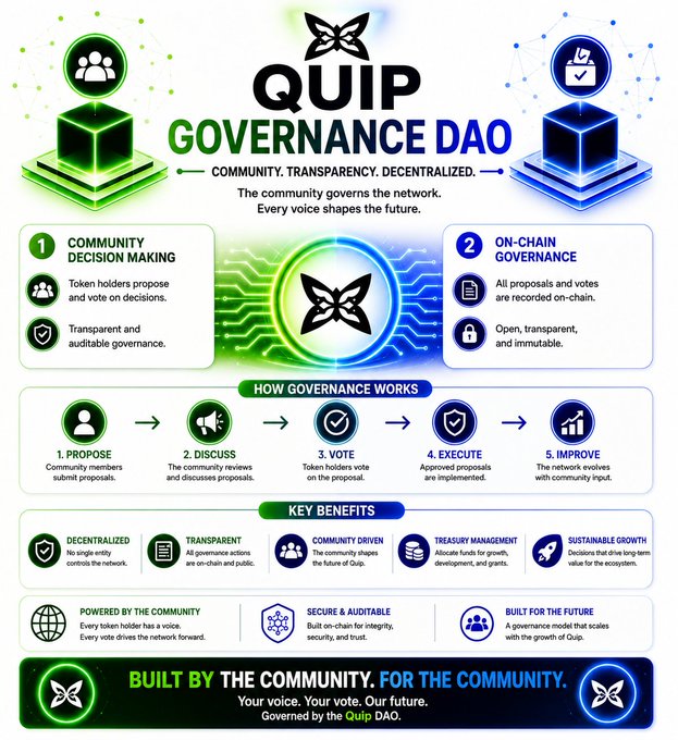 An infographic for 'QUIP Governance DAO' explaining community decision-making, on-chain governance, the 5-step governance process (Propose, Discuss, Vote, Execute, Improve), and key benefits like decentralization and transparency.