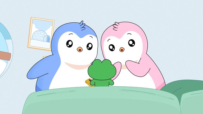 A cartoon image features two penguins, one blue and one pink, looking at a small green frog wearing a gold crown between them, sitting on a green couch.