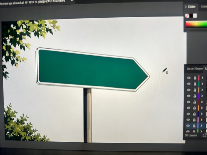 A photograph shows a computer screen displaying a digital painting of a blank green directional sign on a post, with a digital art software interface visible on the right.