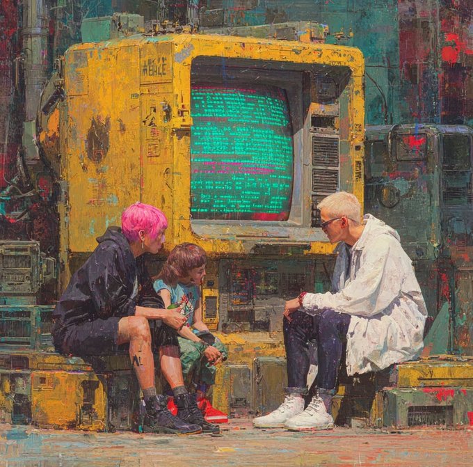 A cyberpunk-style illustration showing three figures — a pink-haired person, a child, and a blonde individual in a white coat — sitting before a large yellow terminal displaying green scrolling code.