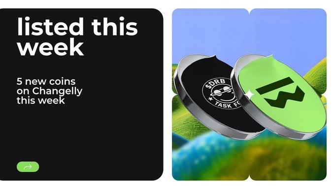A promotional graphic announces 'listed this week' and '5 new coins on Changelly this week,' featuring two coin designs with $DRB and W logos against a green landscape background.