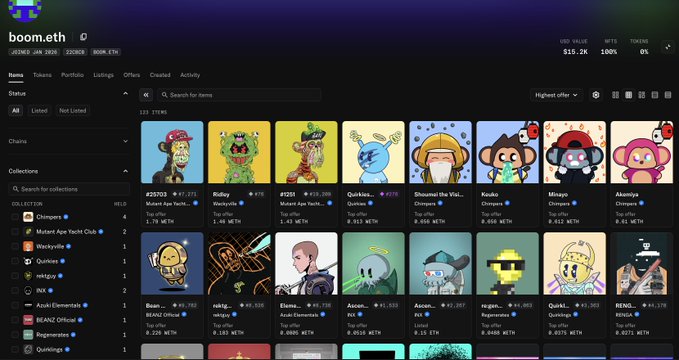 A screenshot of the boom.eth NFT collection page showing various Mutant Ape Yacht Club and other NFT items with prices in ETH.