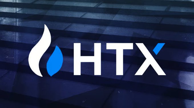 The image displays the HTX cryptocurrency exchange logo, featuring a white and blue flame icon next to the "HTX" text, set against a dark blue background. The logo relates to the post about HTX reportedly rotating wallets across multiple blockchains to evade sanctions screening following UK enforcement actions against the platform.