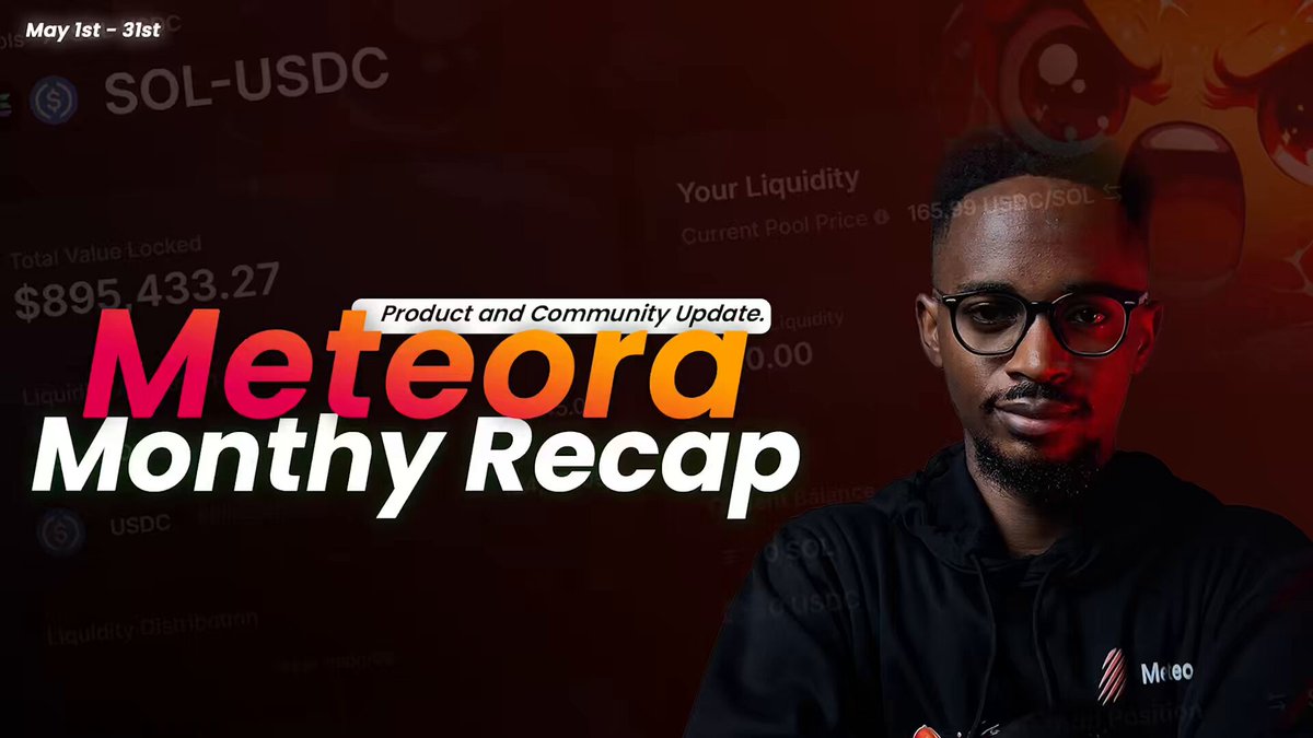 The image shows a post that includes a banner with text such as "Weather Forecast Month Recap" and "Your Liquidity is Updating". The background of the image features multiple logos for various companies, including @MeteoraAG (an Ethereum platform), Sol-USDC (an online exchange), and other Ethereum-related services. The post is about the progress of a new product that was released in May and the growth initiatives that have been introduced over the past months.