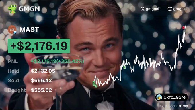 A meme image featuring Leonardo DiCaprio raising a glass with overlaid stock trading data showing gains of +$2,176.19 (+355.42%) with PNL $2,176.19, Hold $2,132.05, Sold $656.42, and Bought $555.52, branded with GMGN social handles.