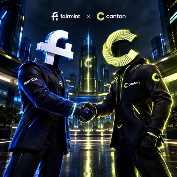 A futuristic digital artwork showing two figures shaking hands with 'fairmint' and 'canton' logos as heads, set against a glowing cityscape.