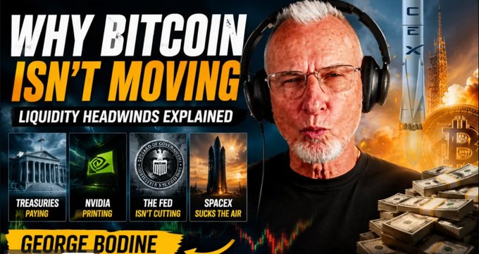 The image features an older man wearing headphones and glasses with a serious expression as he looks directly at the camera. The background of the image shows a city skyline, indicating that they are likely indoors or in a studio setting. The caption for the image reads "Why Bitcoin isn' t moving", which is related to the post about Bitcoin. George will be appearing on this post soon and discussing why Bitcoin isn't moving.