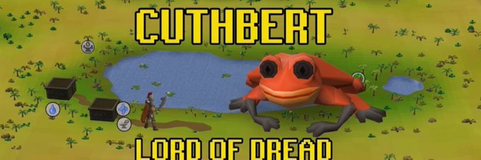 The image is a RuneScape-style banner featuring a giant red frog next to a player character, with the text "CUTHBERT" at the top and "LORD OF DREAD" at the bottom, promoting the Solana token $CUTHBERT on Moby. The banner humorously rebrands the classic RuneScape frog creature as the "Lord of Dread," fitting the community-created meme token aesthetic.