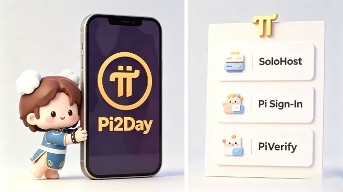 The image shows a cute mascot in chef attire holding a smartphone displaying the "Pi2Day" logo alongside a menu listing three releases: "SoloHost," "Pi Sign-In," and "PiVerify." This visually represents the three Pi Network Pi2Day announcements referenced in the post, illustrating the community's opportunity to react to these specific updates and suggest alternatives.