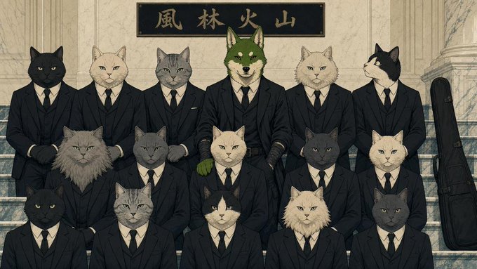 An illustration shows a group of cats dressed in black suits and ties, with one wolf-like figure in the center, posing on stairs beneath a sign with Chinese characters.
