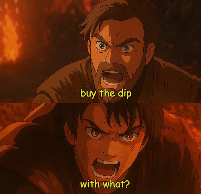 A two-panel anime meme featuring an older bearded man yelling "buy the dip" at a younger man who defiantly responds "with what?" against a fiery orange background. The image humorously contrasts the poster's enthusiastic advice to buy more $ANSEM during a price dip with the relatable reality of having no funds to actually do so.